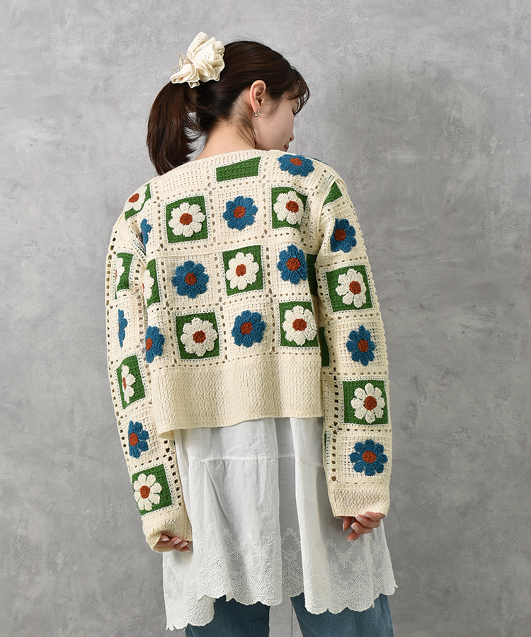 フラワーサガラ刺繍かぎ針カーディガン