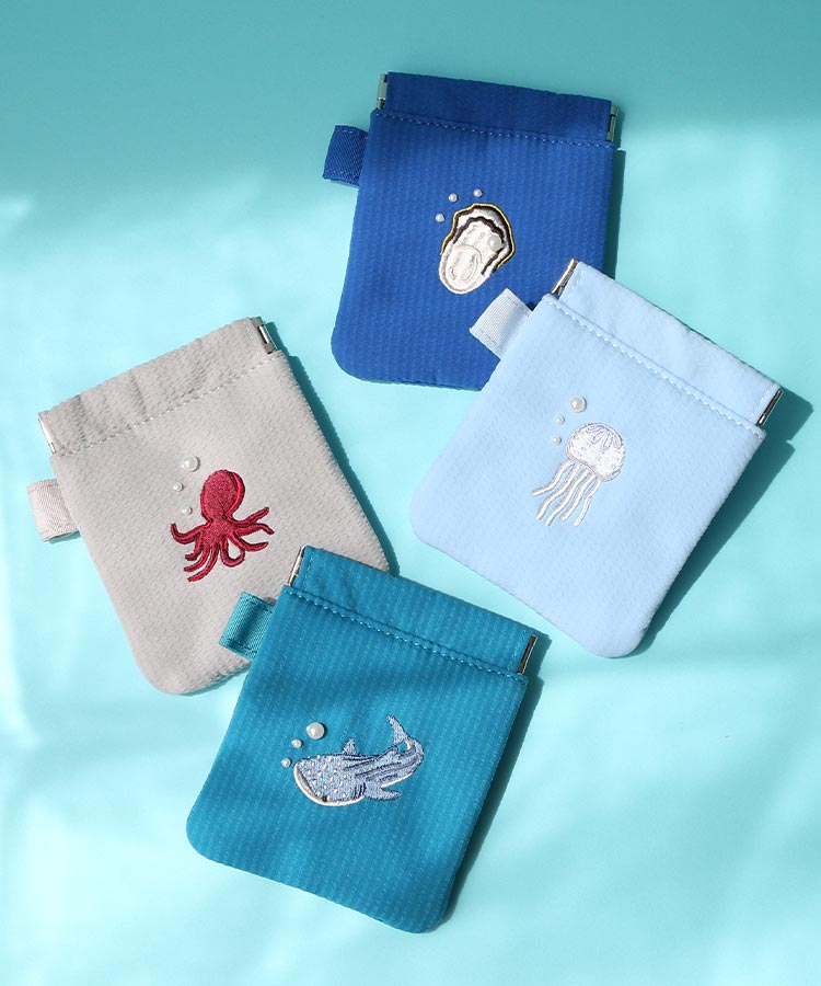海洋生物パール刺繍ばね口ポーチ