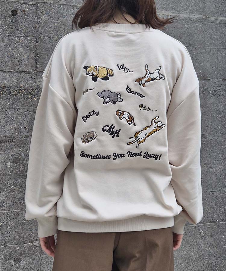 Lazyアニマル刺繍トレーナー