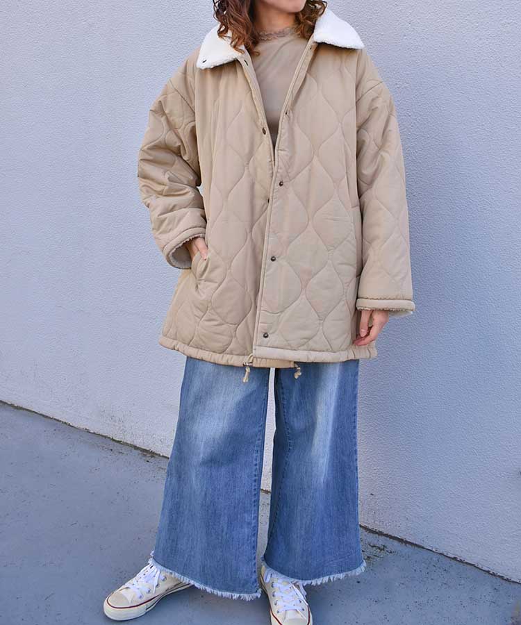 中綿ボア付きキルトコート