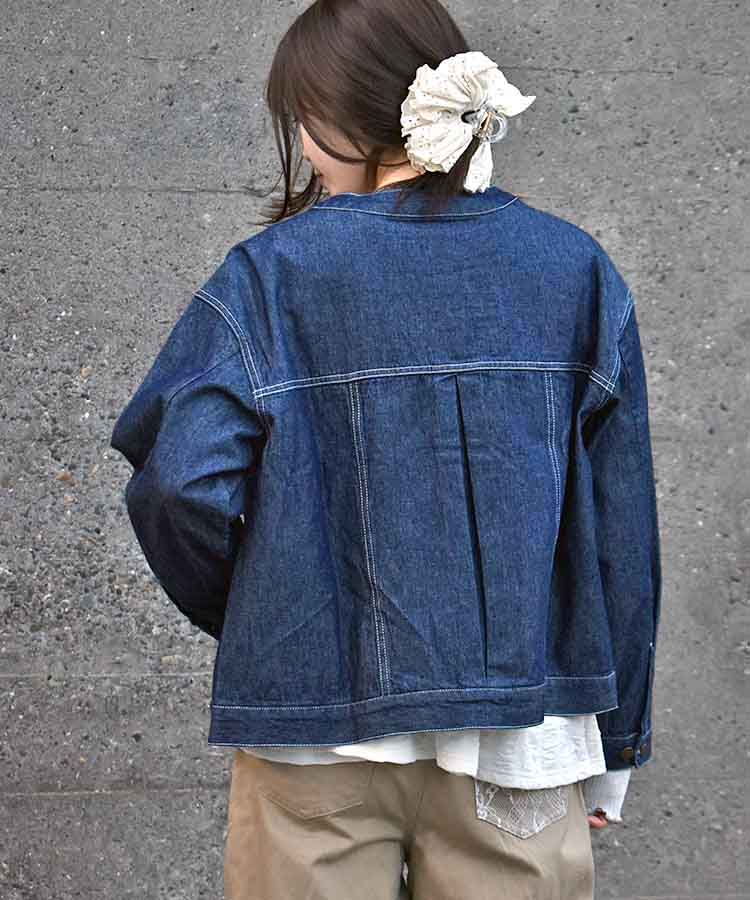 コットンデニムノーカラージャケット