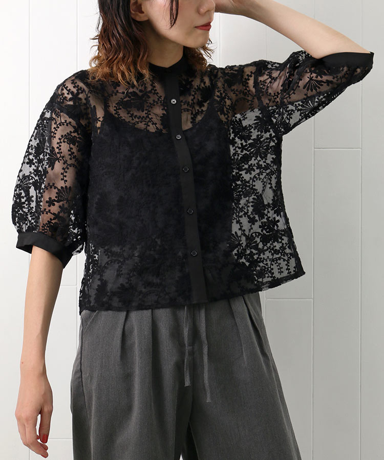 ≪SALE≫ハーフスリーブシアーフラワーレースブラウス