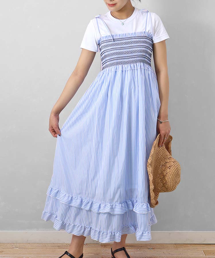 ≪OUTLET≫le petale配色シャーリングキャミワンピース