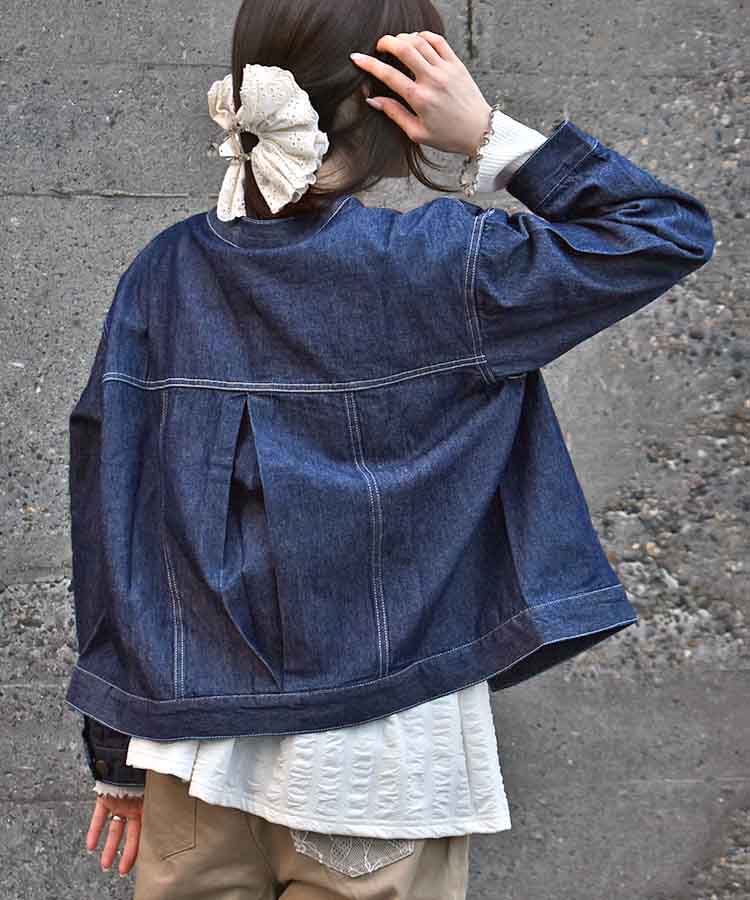 コットンデニムノーカラージャケット