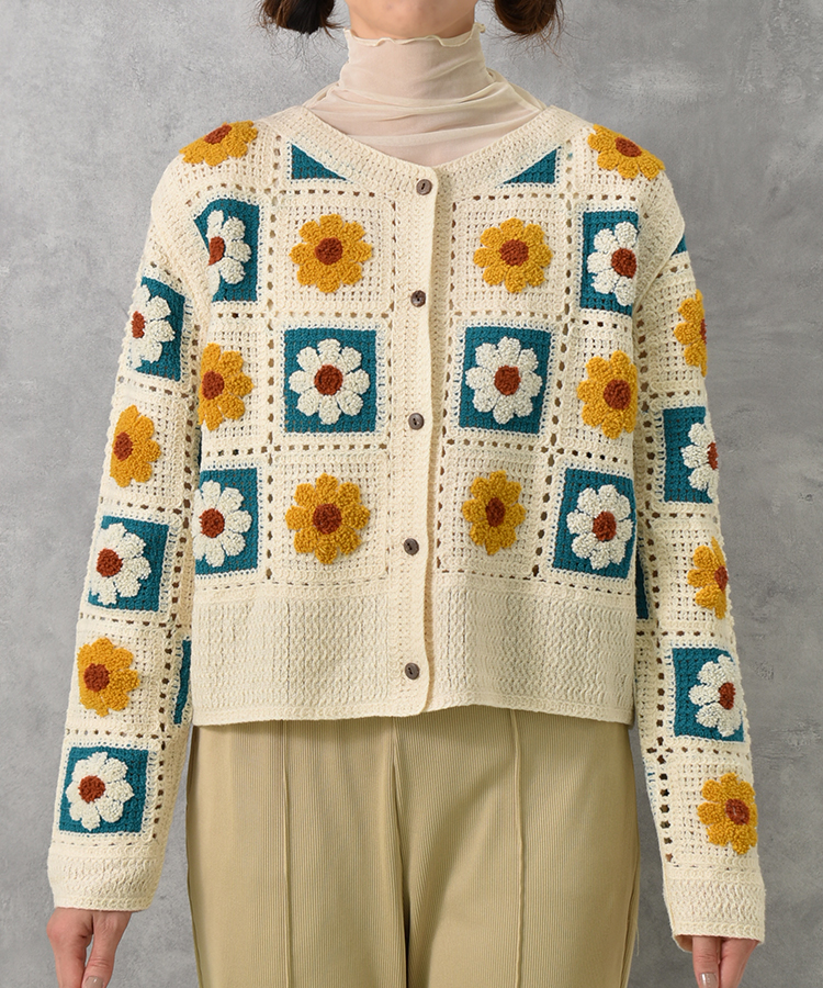 フラワーサガラ刺繍かぎ針カーディガン