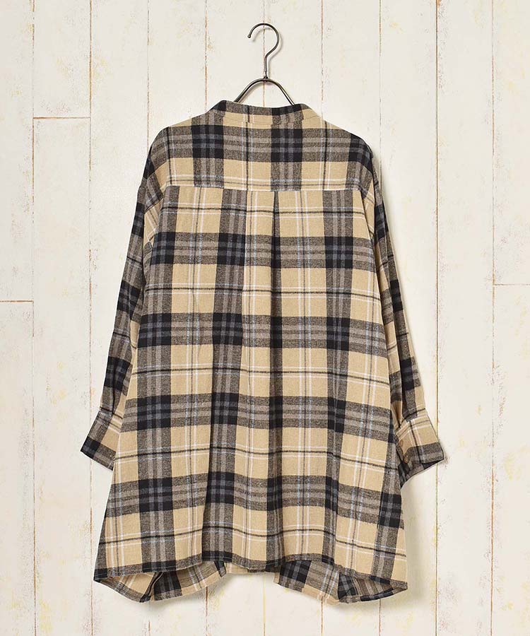 ≪OUTLET≫ビッグシルエットノーカラー起毛チェックシャツ