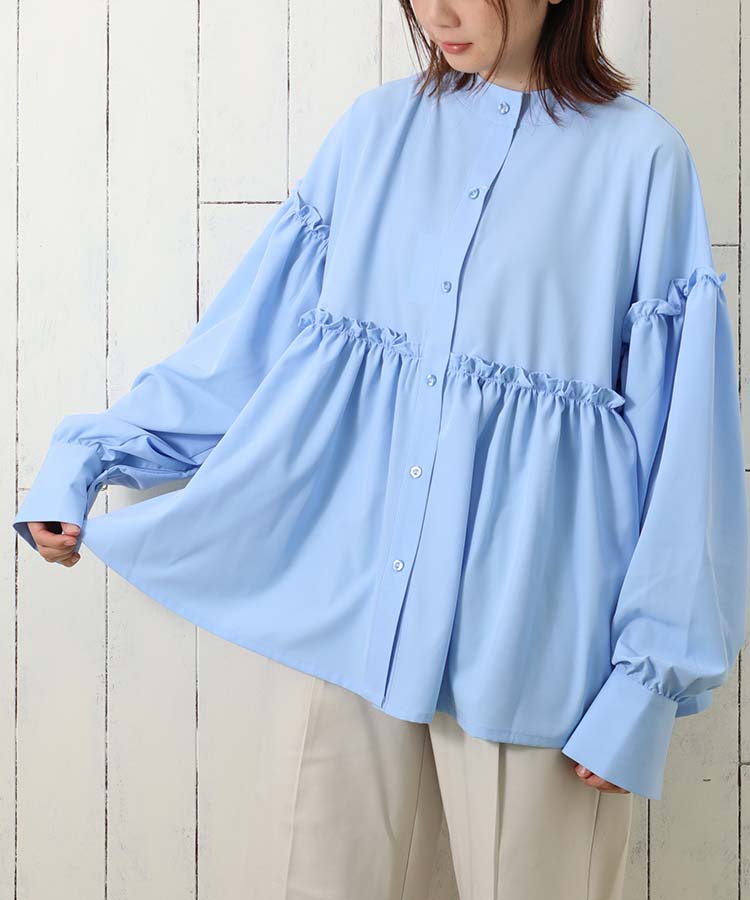 ≪SALE≫スパンブロードギャザークルーネックブラウス