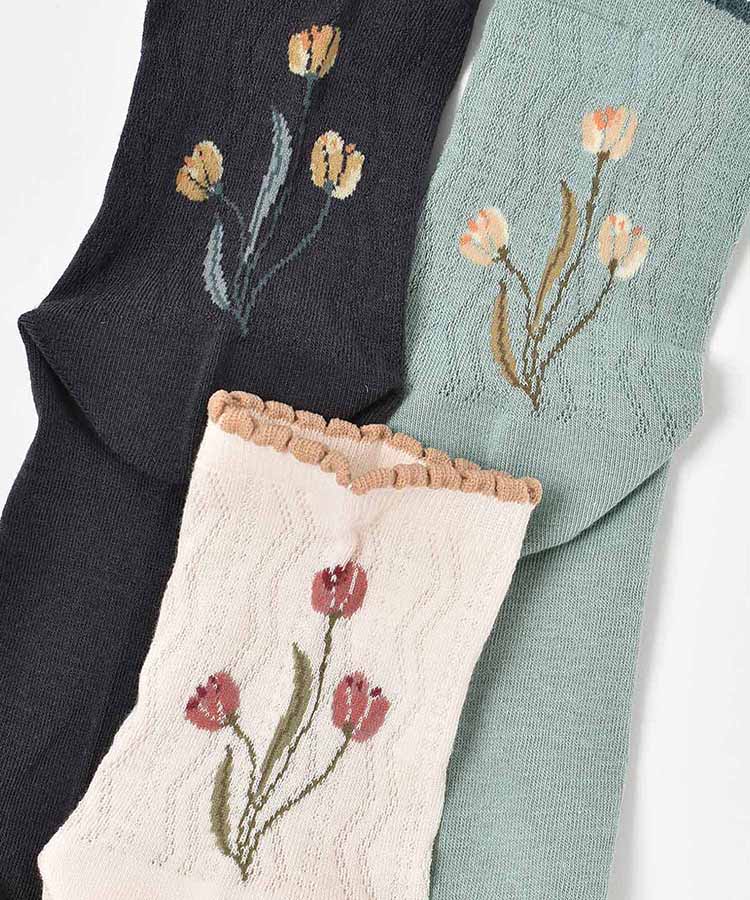 チューリップ柄メッシュロークルーソックス