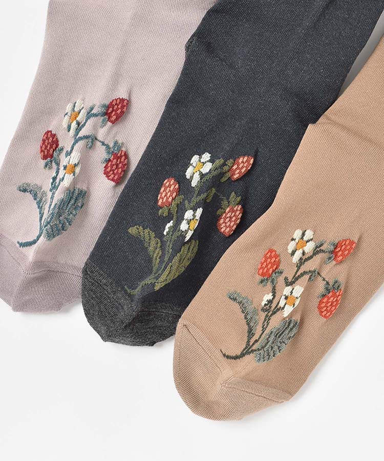 花モチーフ付きイチゴつたロークルーソックス