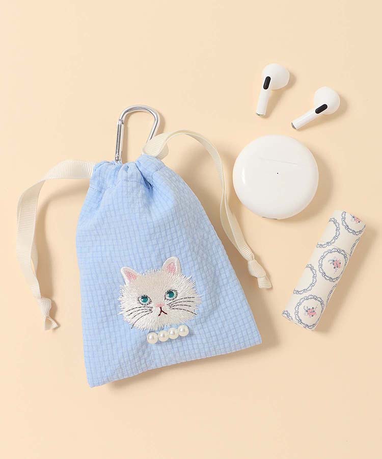 キャットパールカラビナ付きリップル巾着