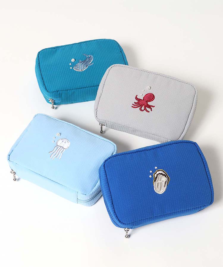 海洋生物パール刺繍多ポケットポーチ
