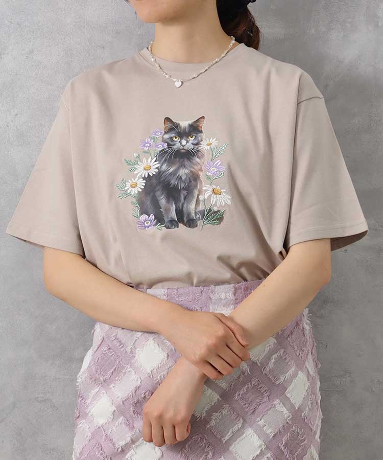 le petaleクロネコフラワー刺繍Tシャツ