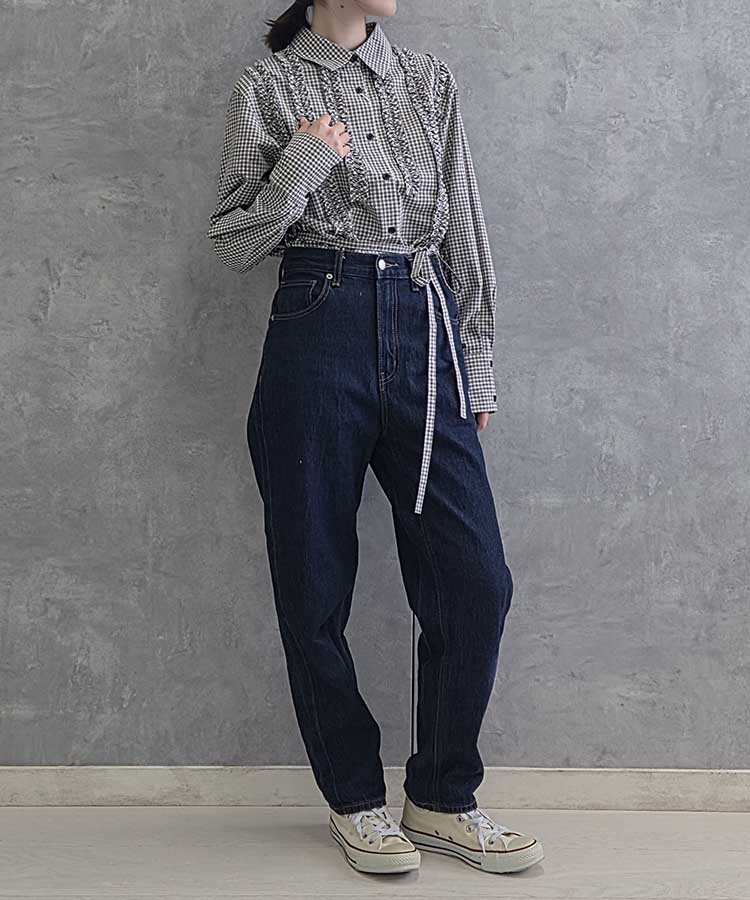 le petaleフリルラインチェックブラウス