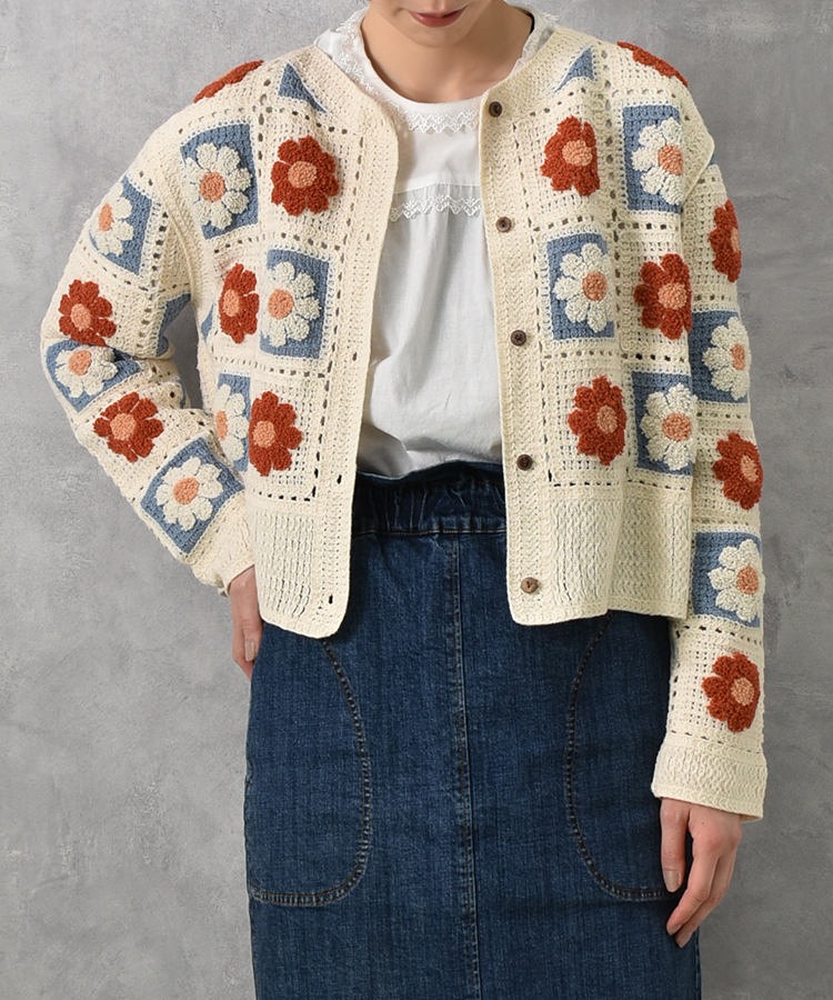 フラワーサガラ刺繍かぎ針カーディガン