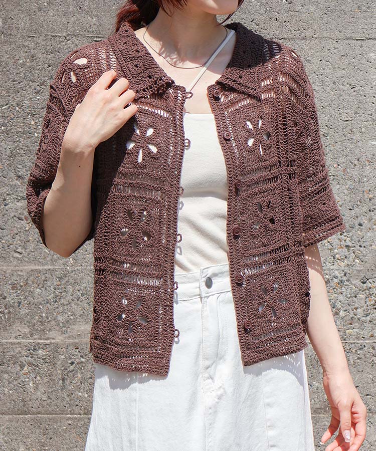 ≪SALE≫スクエアフラワーカギ針ポロカーディガン