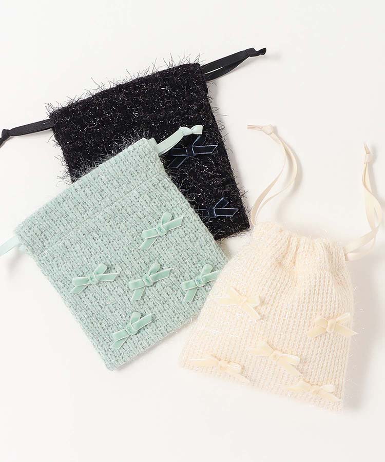 プチリンドラメニットリボンミニ巾着