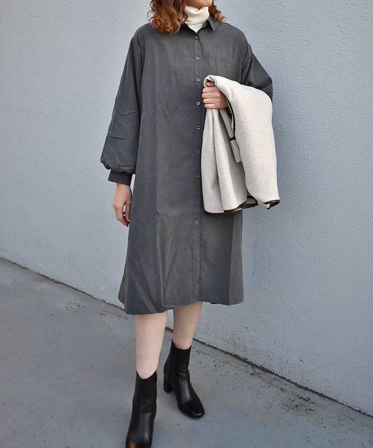 ピーチ起毛袖ボリュームシャツワンピース