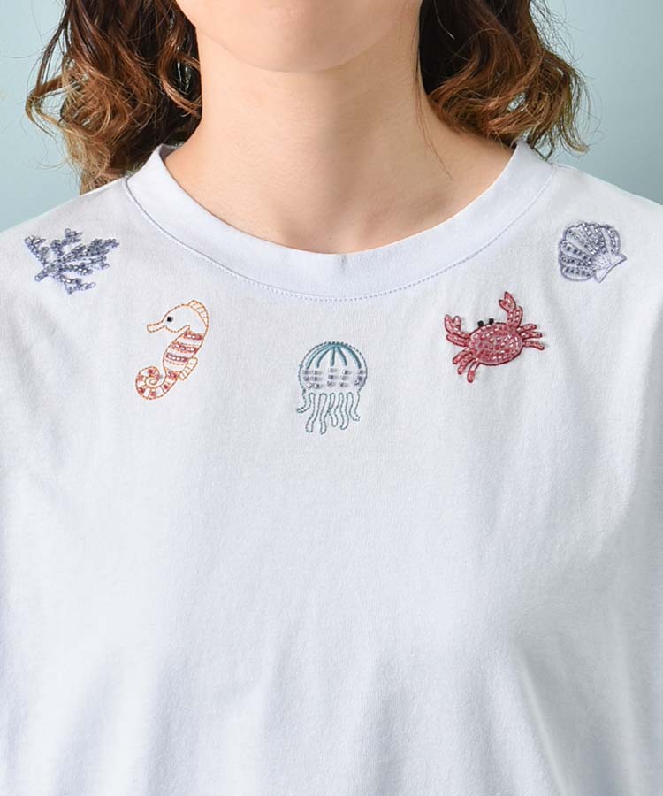 海の生き物ビーズ刺繍Tシャツ