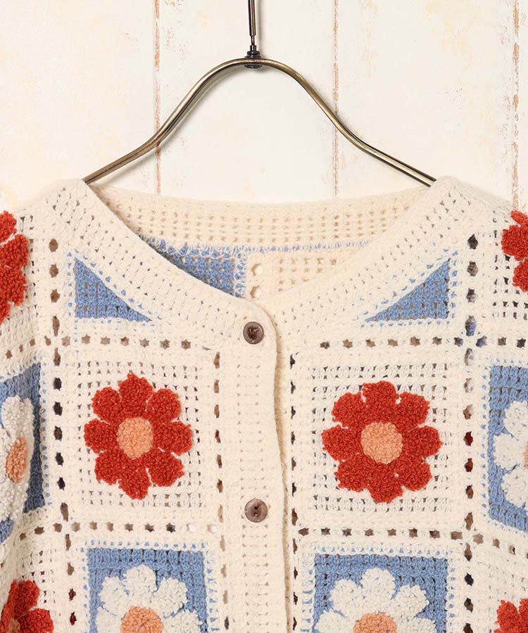 フラワーサガラ刺繍かぎ針カーディガン