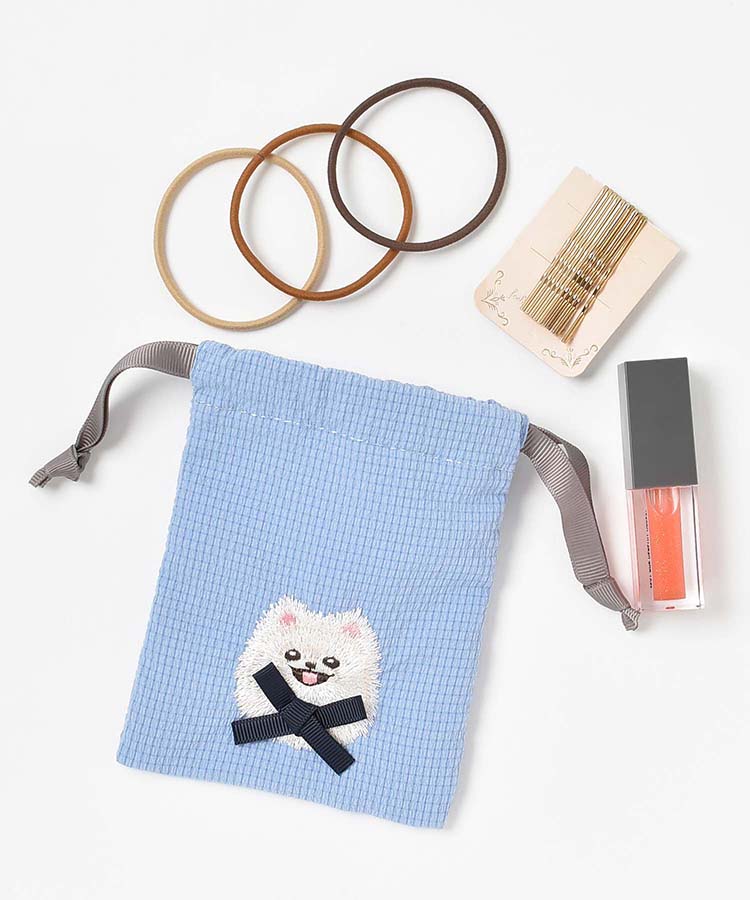 ドッグリボンカラビナ付きリップル巾着