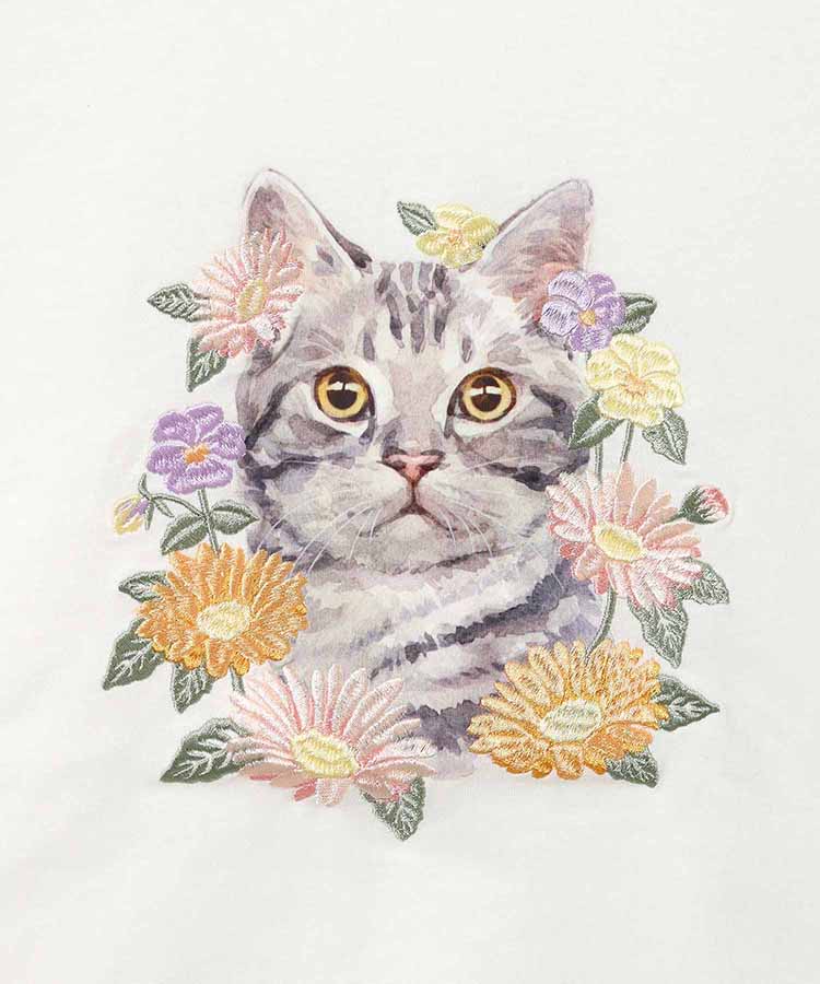 le petaleフラワー刺繍catTシャツ