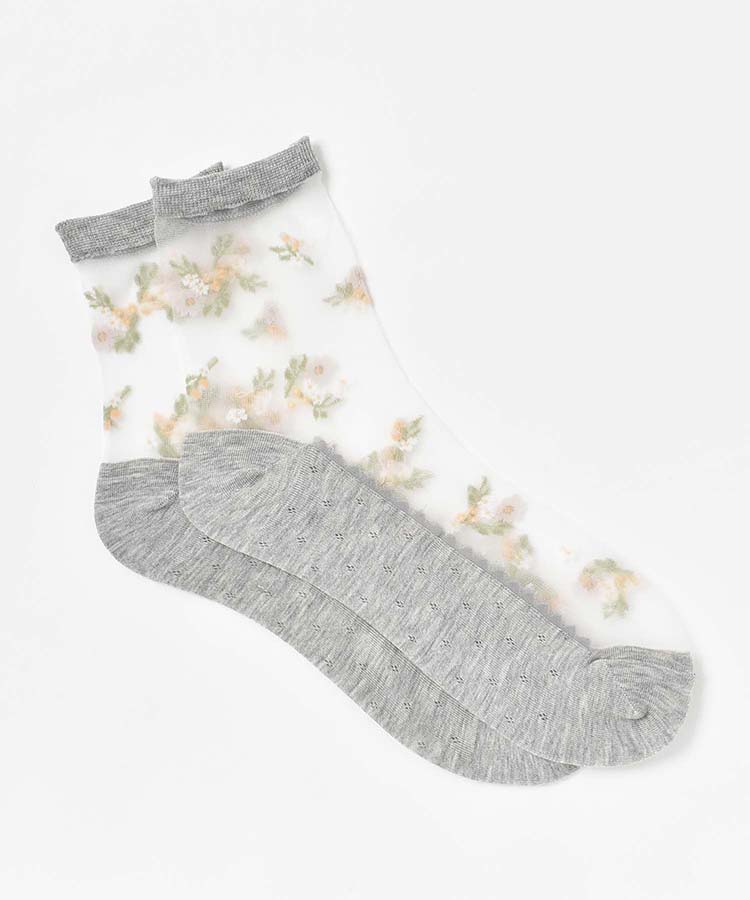 シースルー花柄ロークルーソックス