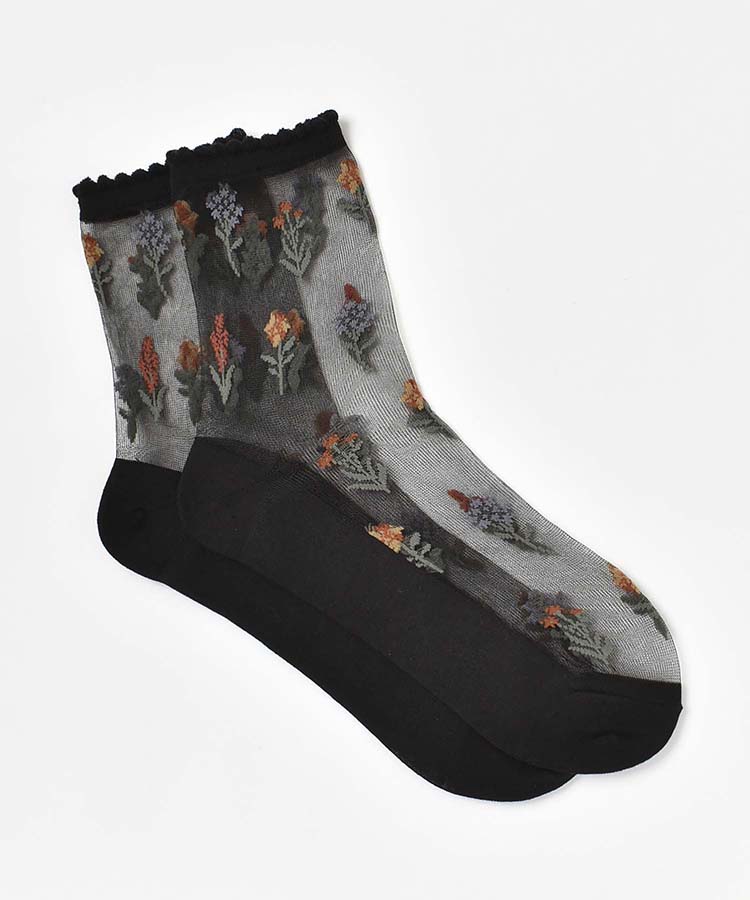 小花柄シアークルーソックス