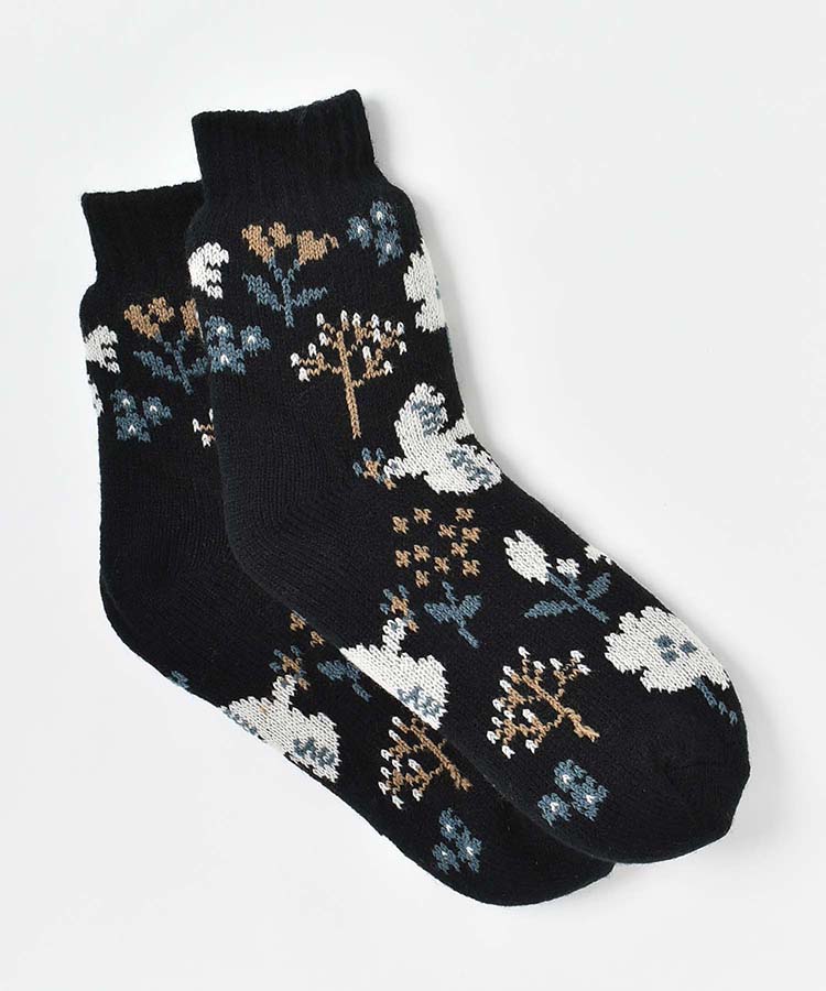 花とトリ裏ボア二重編みクルーソックス