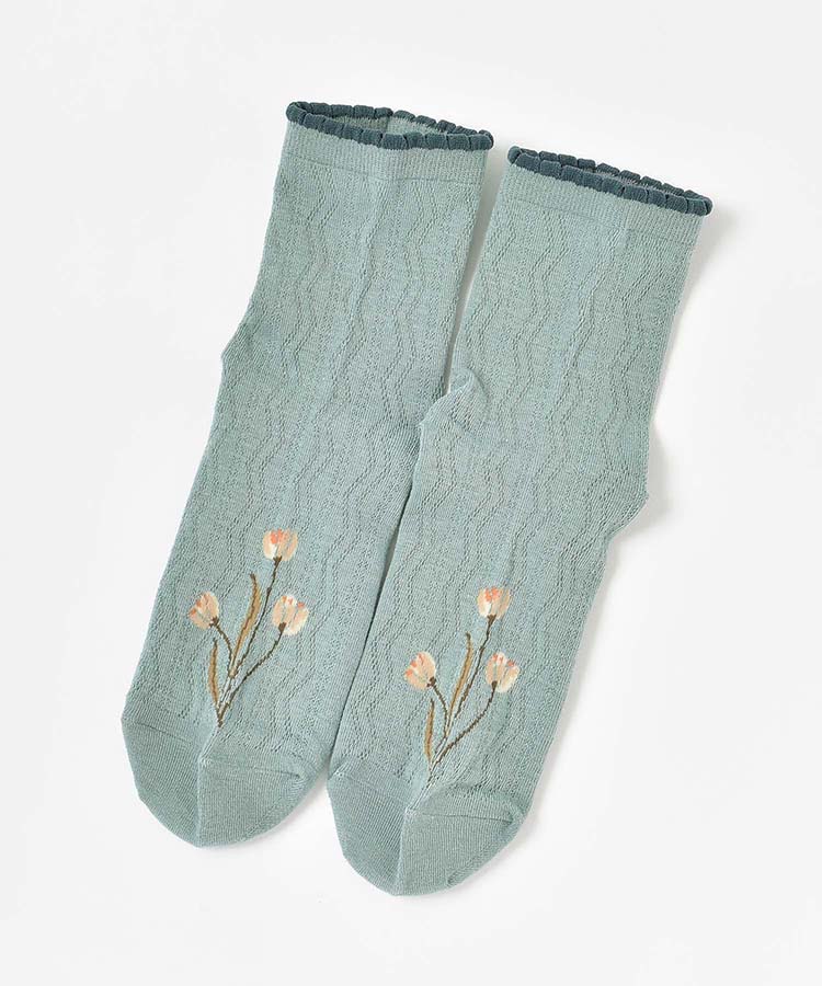 チューリップ柄メッシュロークルーソックス