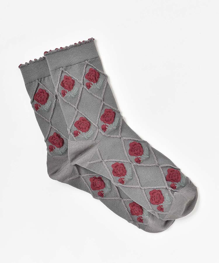 バラ×ダイヤ柄クルーソックス