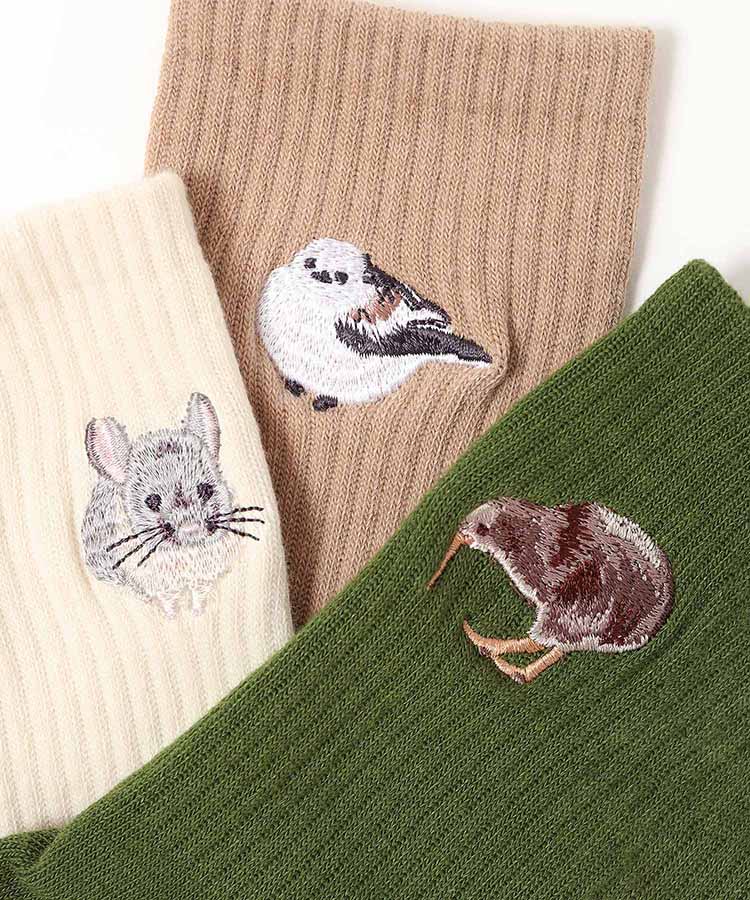 動物刺繍付きクルーソックス