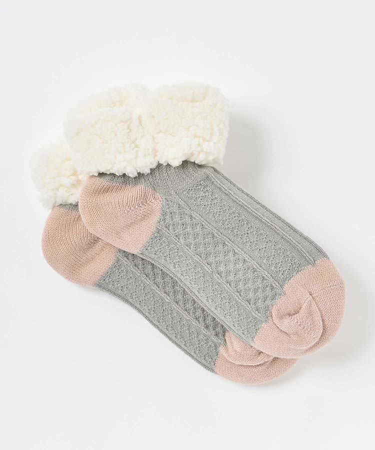 編み柄裏ボア切替ロークルーソックス