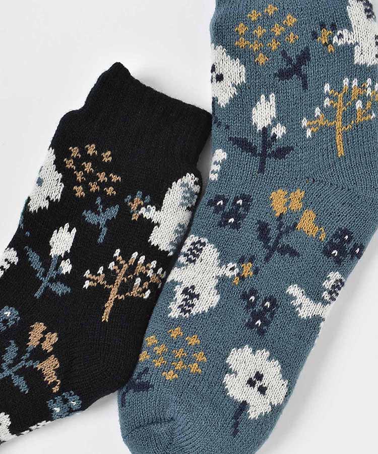 花とトリ裏ボア二重編みクルーソックス