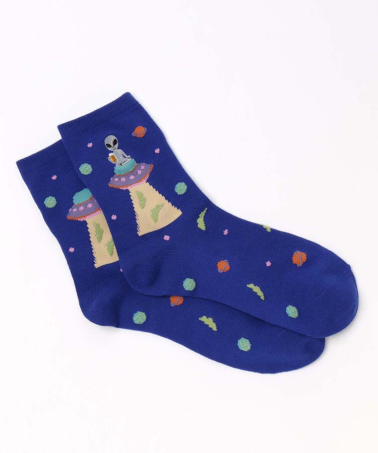 ビール宇宙人刺繍クルーソックス