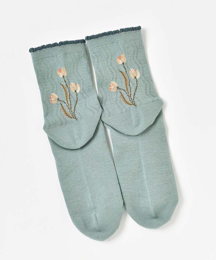 チューリップ柄メッシュロークルーソックス