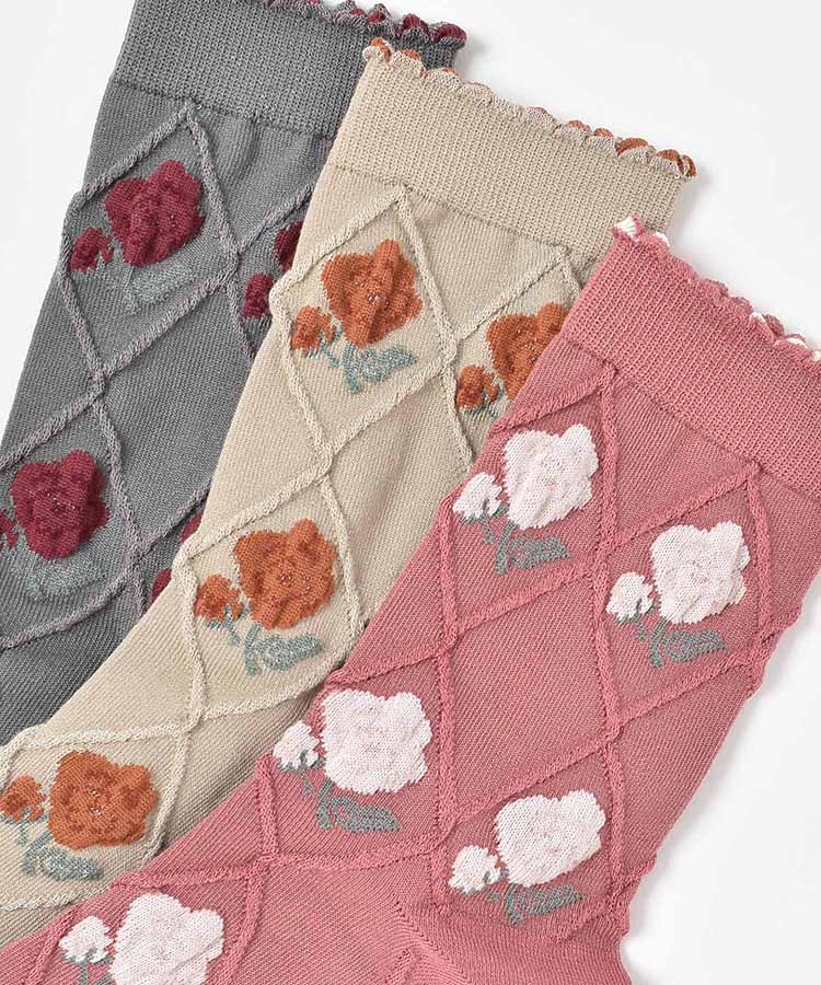 バラ×ダイヤ柄クルーソックス