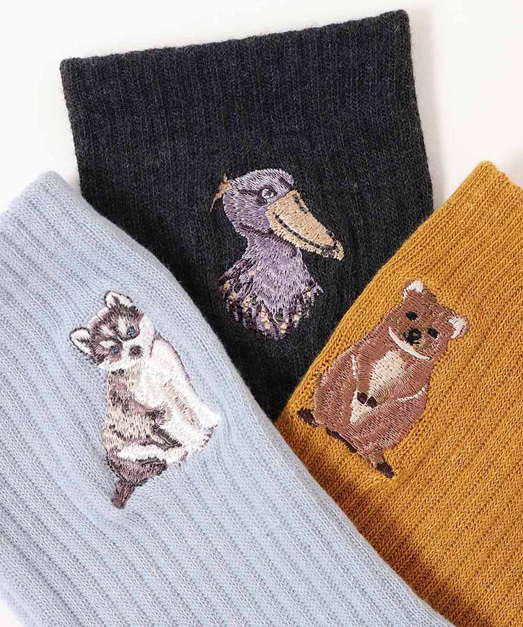 動物刺繍付きクルーソックス