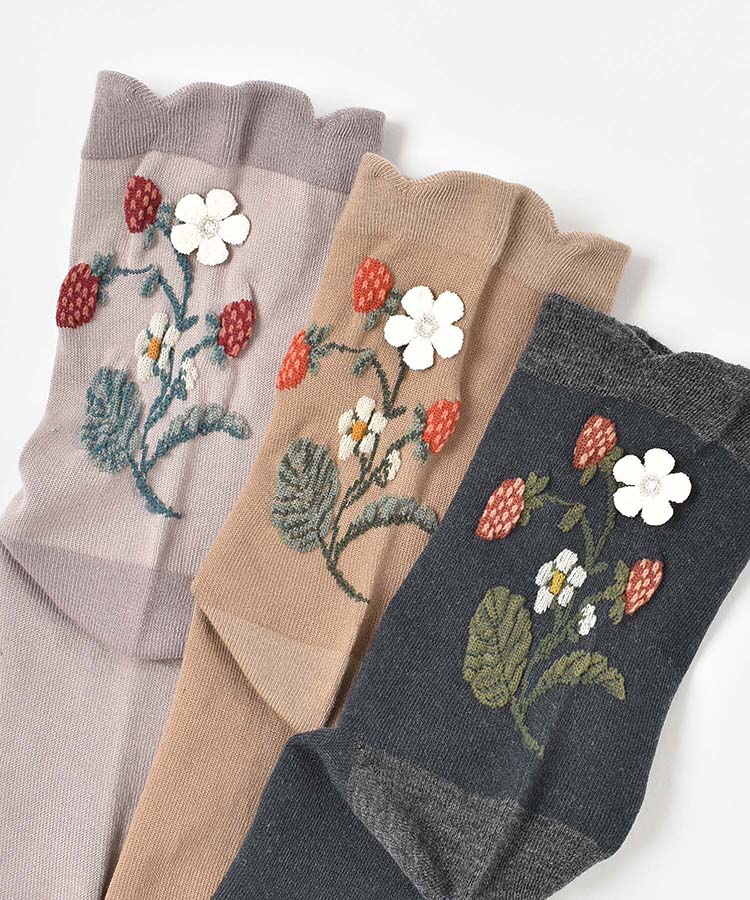 花モチーフ付きイチゴつたロークルーソックス