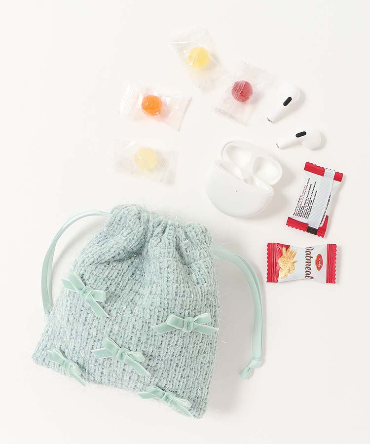 プチリンドラメニットリボンミニ巾着