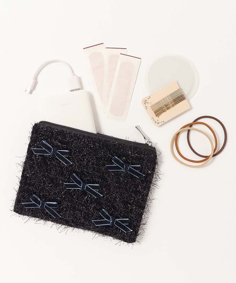 プチリンドラメニットリボンフラットポーチ