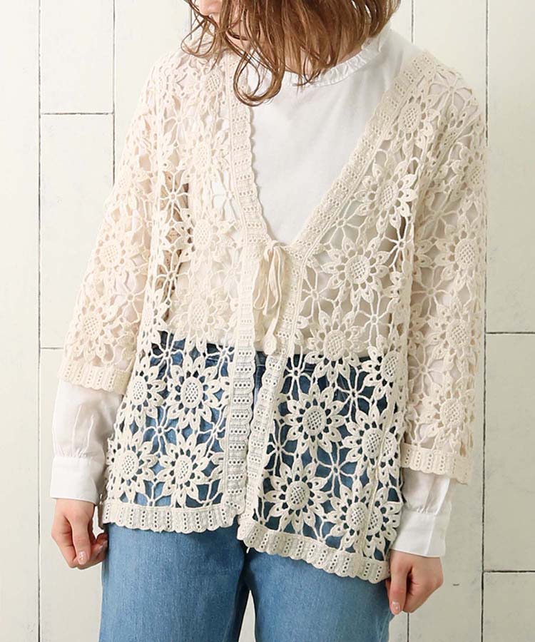≪SALE≫コットン透かし編みフラワークロシェカーディガン