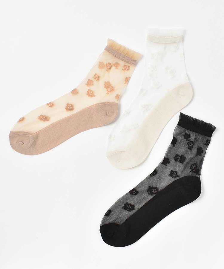 ≪SALE≫シースルーワントーン花柄ロークルーソックス