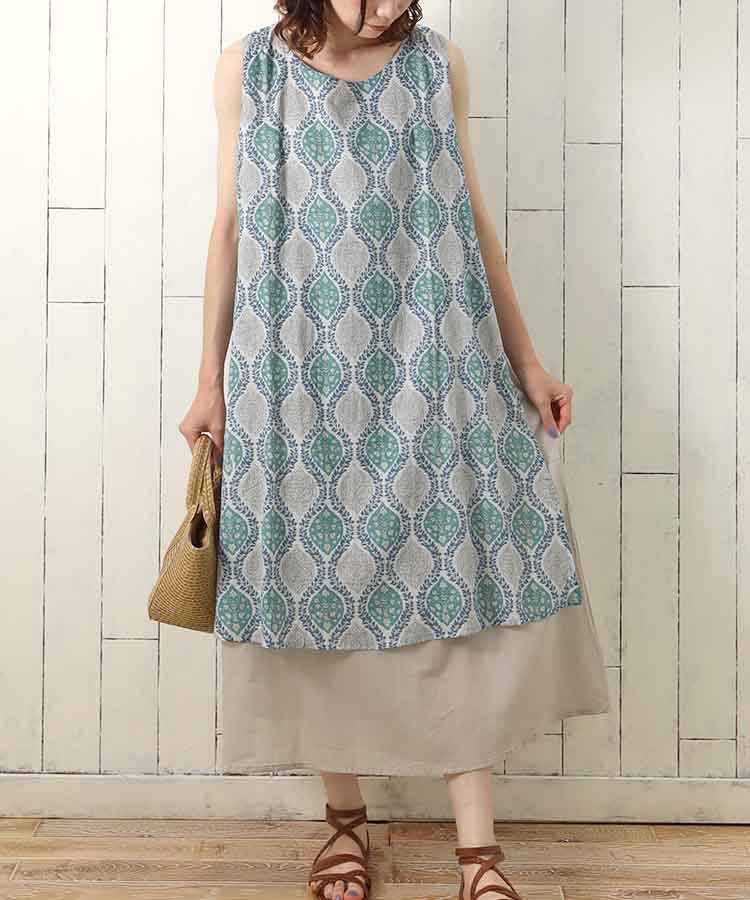 ≪SALE≫袖なしオリエンタル柄ワンピース