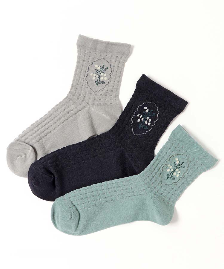 スズラン柄メッシュロークルーソックス