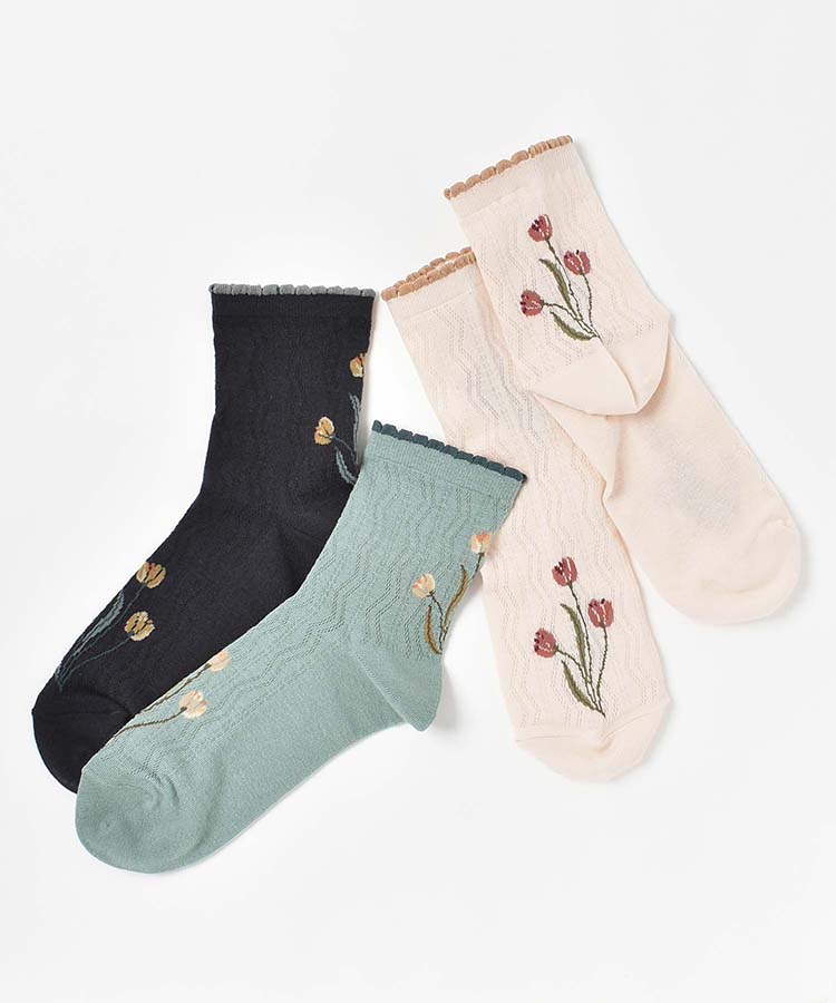 チューリップ柄メッシュロークルーソックス