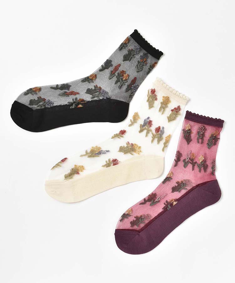 小花柄シアークルーソックス