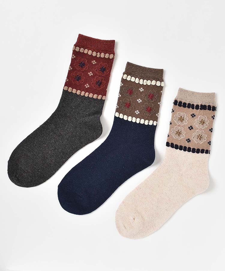 ピコット花柄クルーソックス