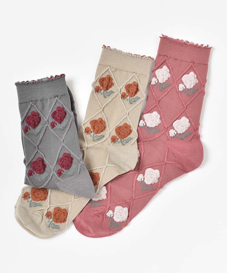 バラ×ダイヤ柄クルーソックス