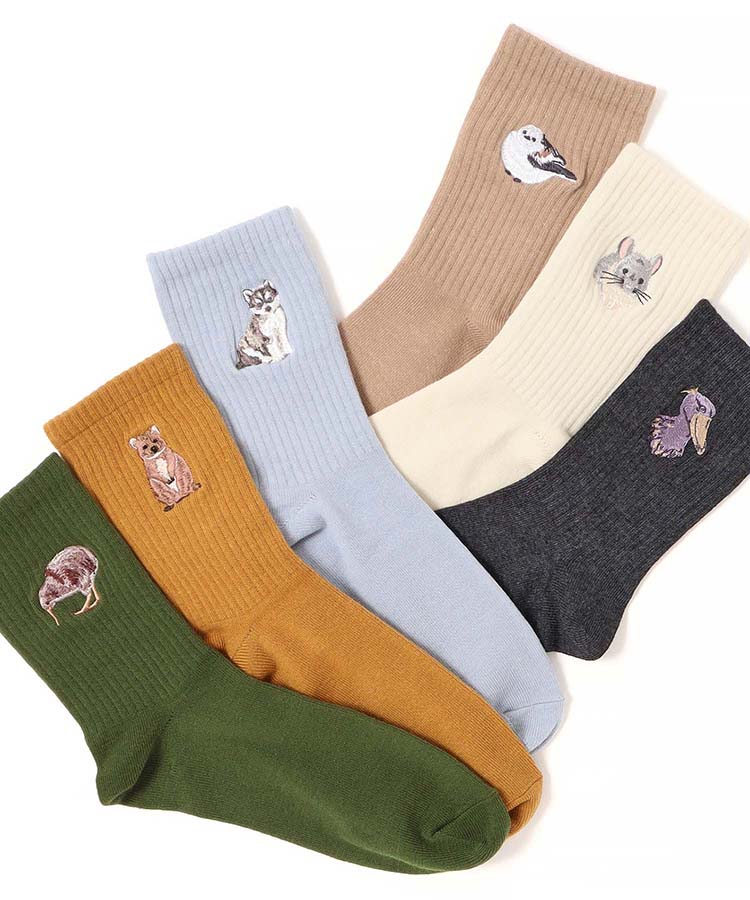 動物刺繍付きクルーソックス