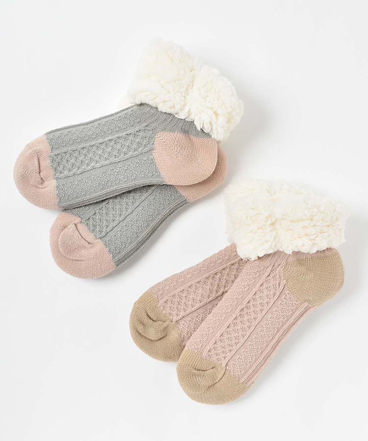 編み柄裏ボア切替ロークルーソックス